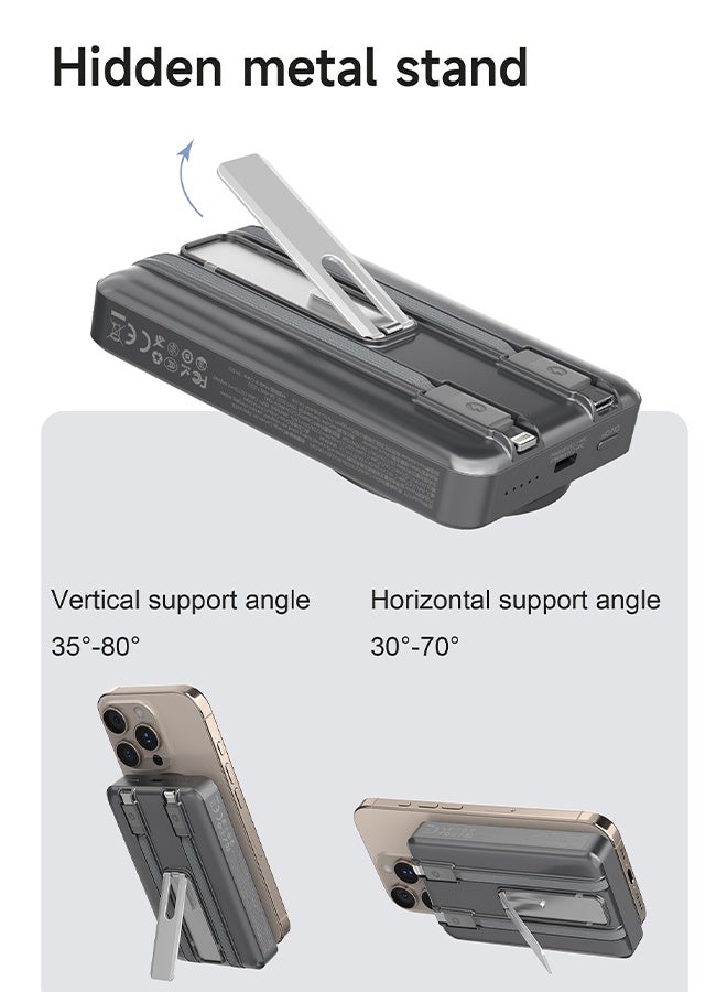 DUDAO 10000mAh Magnetic Wireless Power Bank with Built-in Lightning & Type-C Cables, 20W PD Fast Charging, 4 Outputs, Zinc Alloy Kickstand, Magsafe Compatible, for iPhone, Android, AirPods, Apple Watch - Image 3