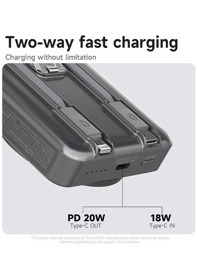 DUDAO 10000mAh Magnetic Wireless Power Bank with Built-in Lightning & Type-C Cables, 20W PD Fast Charging, 4 Outputs, Zinc Alloy Kickstand, Magsafe Compatible, for iPhone, Android, AirPods, Apple Watch - Image 2
