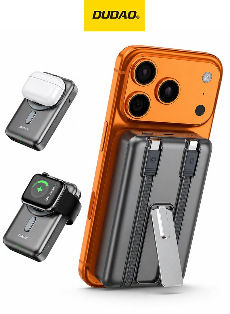 DUDAO 10000mAh Magnetic Wireless Power Bank with Built-in Lightning & Type-C Cables, 20W PD Fast Charging, 4 Outputs, Zinc Alloy Kickstand, Magsafe Compatible, for iPhone, Android, AirPods, Apple Watch - Image 1