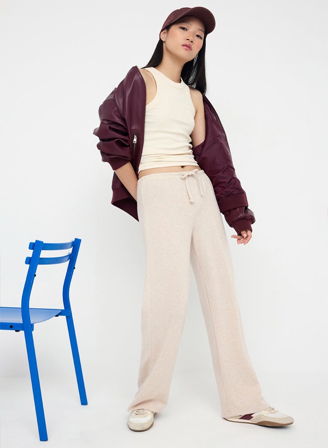 trendyol Taş Yumoş Wide Leg/Wide Leg Tie Detail Stretchy Knitted Trousers - Image 2