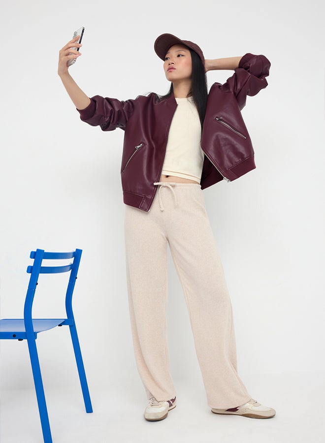 trendyol Taş Yumoş Wide Leg/Wide Leg Tie Detail Stretchy Knitted Trousers - Image 1