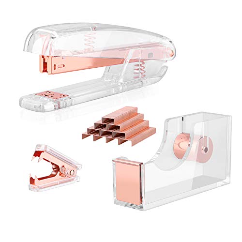 ALSISK Desk Accessory Kit,Acrylic Stapler Set, Tape Dispenser, Staple Remover with 1000pcs 26/6 Staples -Rose Gold - Image 1