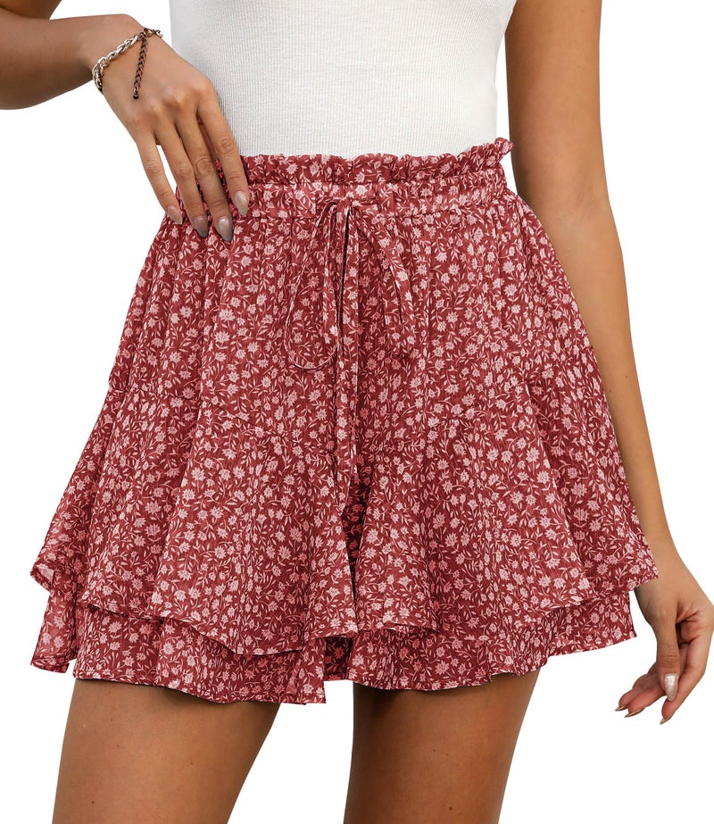 LOMMOJ Shorts for Women Summer Casual Ruffle Chiffon Skorts Boho Mini Skirts Red Floral S - Image 1