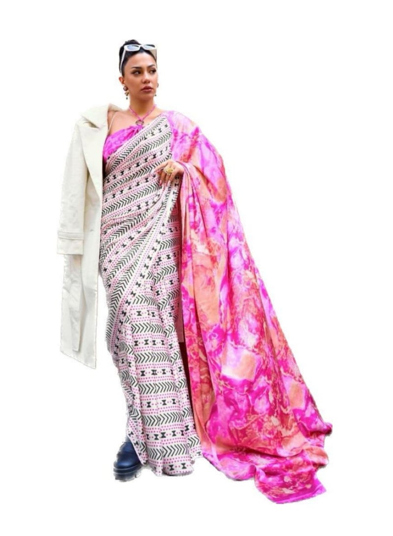 Grab Mantra Satin Silk Pink Printed Saree With Contrast Unstitched Blouse  - Image 1