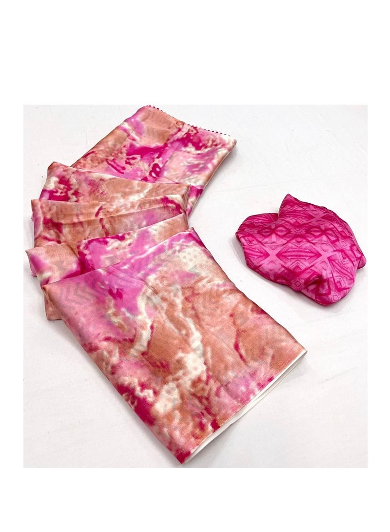 Grab Mantra Satin Silk Pink Printed Saree With Contrast Unstitched Blouse  - Image 2
