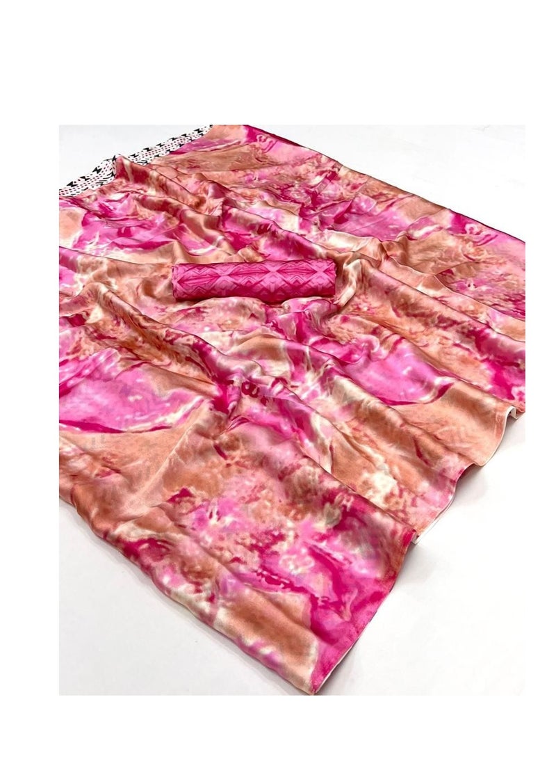 Grab Mantra Satin Silk Pink Printed Saree With Contrast Unstitched Blouse  - Image 3