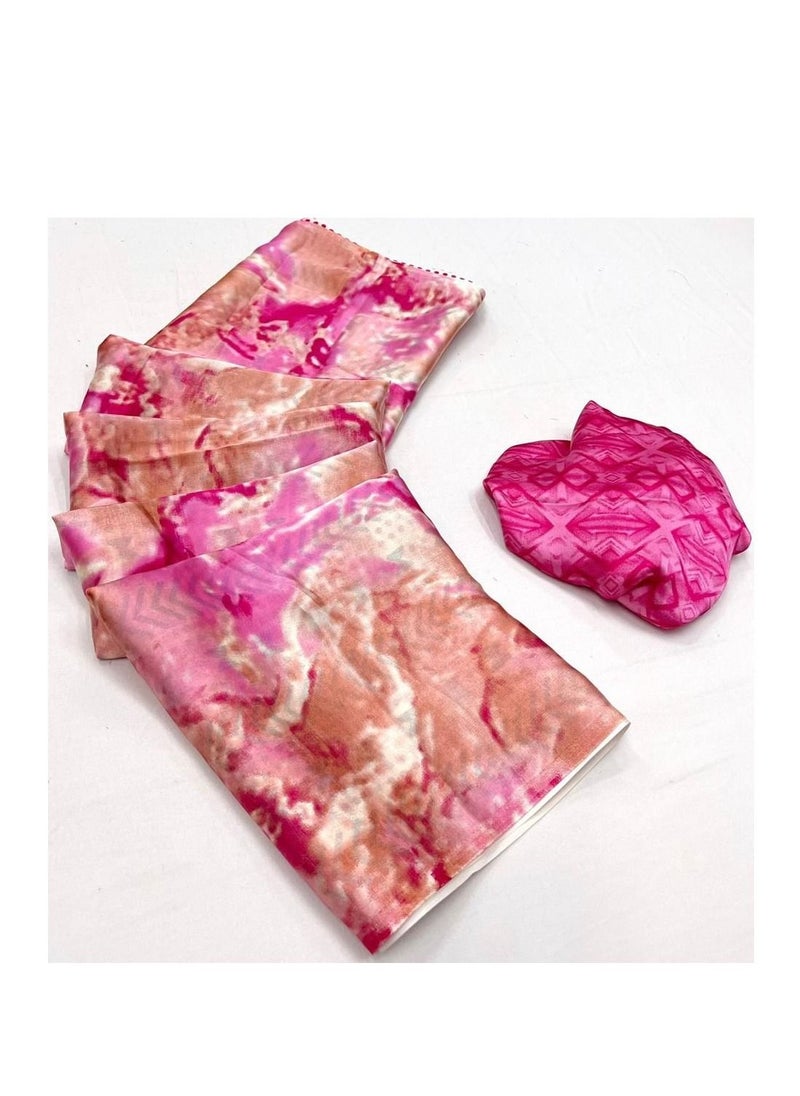 Grab Mantra - Satin Silk Pink Printed Saree With Contrast Unstitched Blouse - Image 1