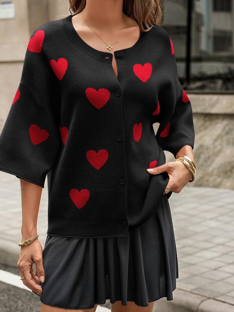Cicy Bell Womens Half Sleeve Cardigan Sweaters Cropped Button Down Tops Oversized Lightweight Heart Print Cute Sweater - Image 3