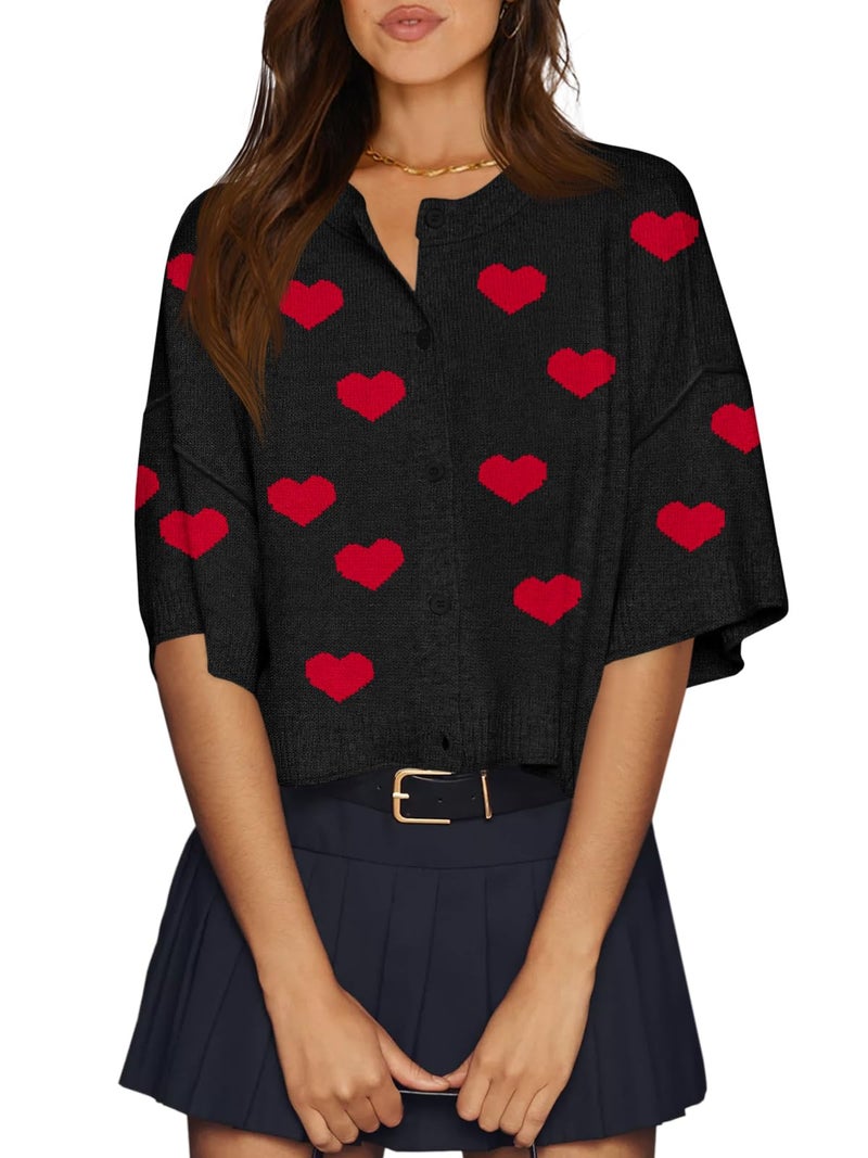 Cicy Bell Womens Half Sleeve Cardigan Sweaters Cropped Button Down Tops Oversized Lightweight Heart Print Cute Sweater - Image 1