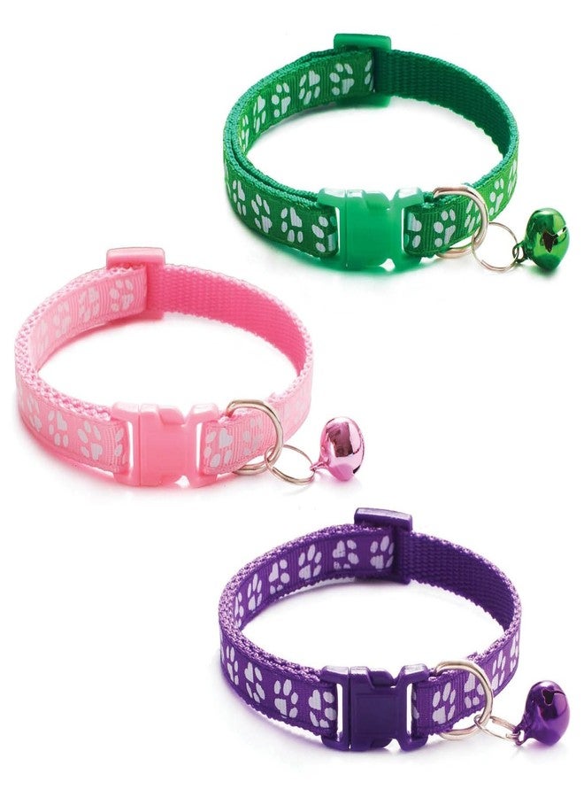 Chipmonk Cat Collars Set of 3 with Bell,Kitten & Small Dogs Soft Adjustable Collar Safe,Solid & Protection Breakaway for Cats & Puppies,Cute Kitty with Paw Print-(Dark Green,Light Pink,Purple) - Image 1