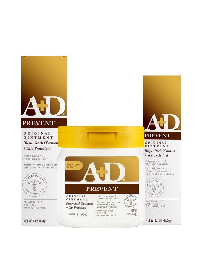 A + D مرهم طفح الحفاض الأصلي A+D، يمنع ويعالج طفح الحفاض، يرطب ويعالج البشرة الجافة مع فيتامينات A و D، مجموعة المنزل والسفر - 16 أونصة جرة، 4 أونصة أنبوب، 1.5 أونصة أنبوب - Image 1