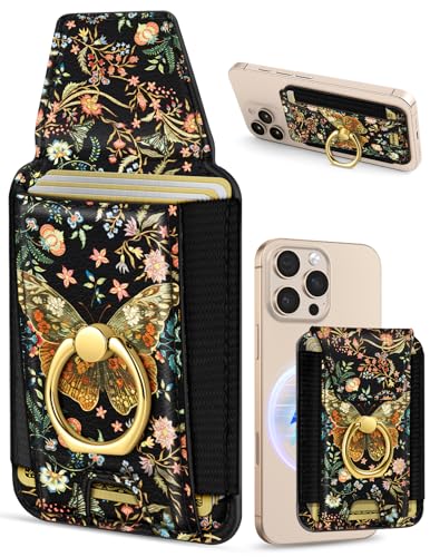 Shorogyt Compatible with Magsafe Wallet with Ring Stand Grip - Cute Magnetic Phone Wallets Card Holder for iPhone 17/16/15/14/13/12 Series for Women Girls Vintage Butterfly Design, Fit 7 Cards - Image 1