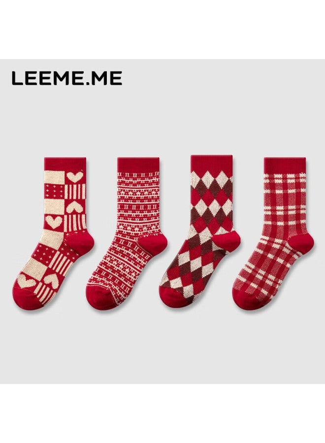 Leeme.me Rice Grain Socks For Women, Mid-calf Socks For Spring And Summer, Red Color, For Women's Zodiac Year Of The Dragon, Ladies' Socks For New Year, Socks Red ×4 - Image 1