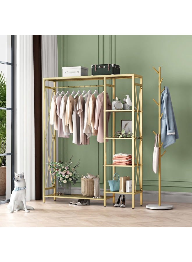 TIEOU Modern Gold Clothes Racks Free-Standing, Gold Clothing Rack with Shelves for Boutiques, Heavy Duty Garment Rack for Hanging Clothes, Large Wardrobe Closet - Image 1