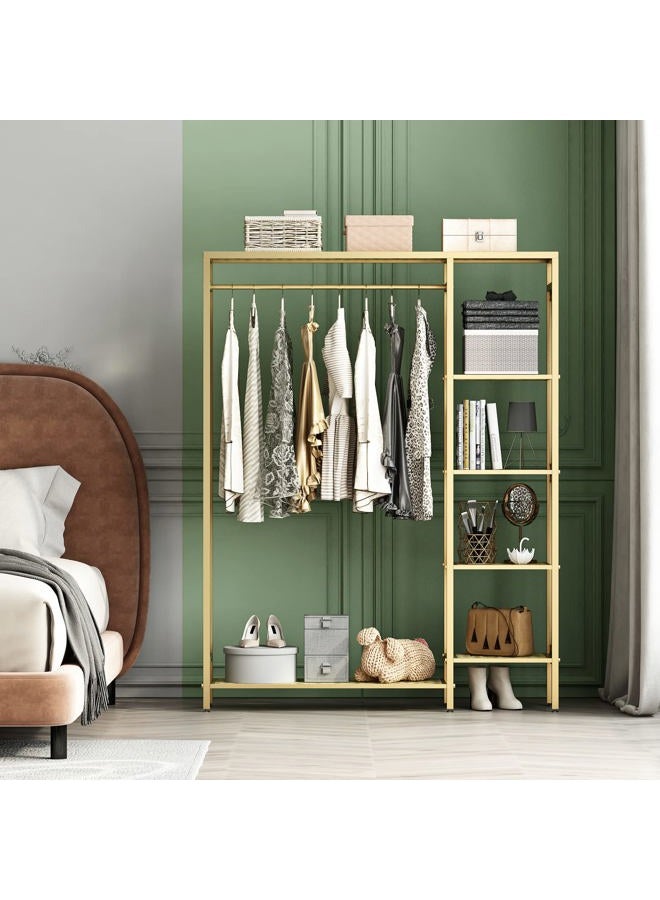 TIEOU Modern Gold Clothes Racks Free-Standing, Gold Clothing Rack with Shelves for Boutiques, Heavy Duty Garment Rack for Hanging Clothes, Large Wardrobe Closet - Image 3