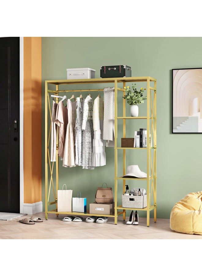 TIEOU Modern Gold Clothes Racks Free-Standing, Gold Clothing Rack with Shelves for Boutiques, Heavy Duty Garment Rack for Hanging Clothes, Large Wardrobe Closet - Image 2