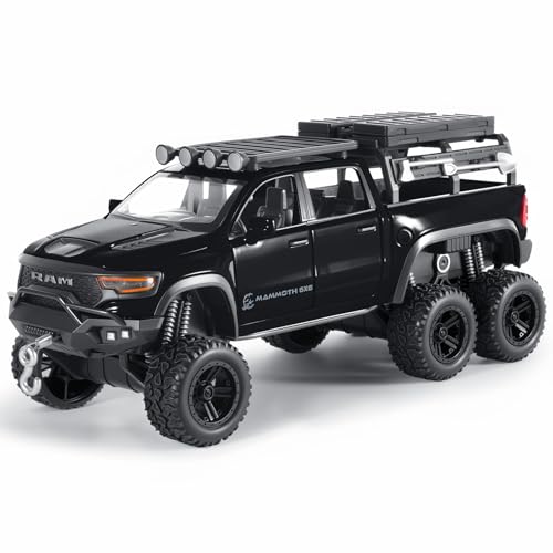 FRJV Toy Trucks for Boys 132 Diecast Trucks Mammoth Model TruckCollectible Pickup Truck Model KitPull Back Cars with Lights and SoundsToy Trucks for Boys Age 47Black - Image 1