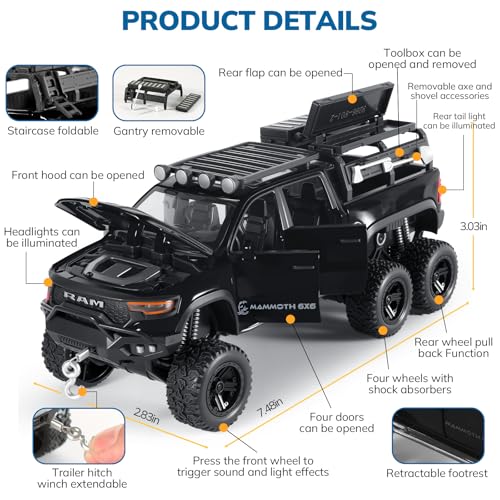 FRJV Toy Trucks for Boys 132 Diecast Trucks Mammoth Model TruckCollectible Pickup Truck Model KitPull Back Cars with Lights and SoundsToy Trucks for Boys Age 47Black - Image 5