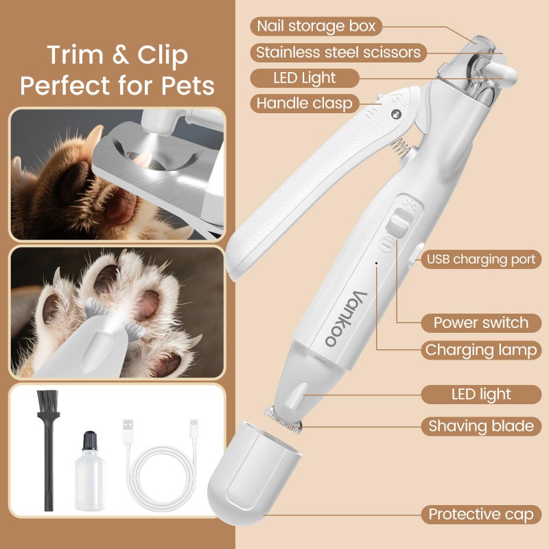 Vankoo 2 in 1 Dog & Cat Nail Clippers & Trimmers with LED Lights, Splash Guard - Pet Hair Trimmer for Around Paws, Ear, Eye,Face, Rump Rechargeable & IPX7 Waterproof Grooming Supplies for Dog, Cat - Image 2