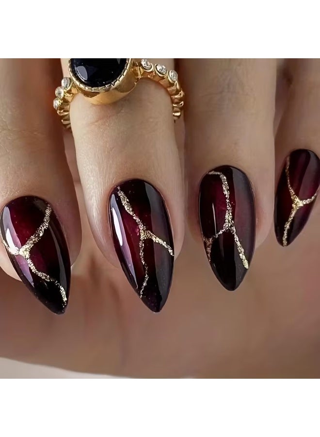 Goolsky Long Almond Shape Press-On Nails - Dark Red & Black Flame Design with Golden Glitter Accents, Glossy Finish for Bold Fashion-Forward Style - Image 1