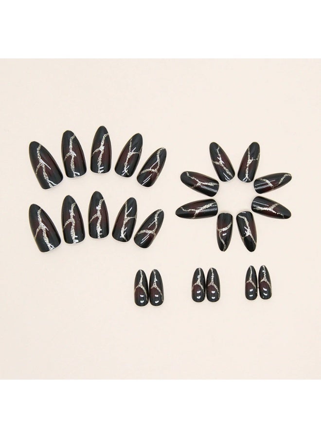 Goolsky Long Almond Shape Press-On Nails - Dark Red & Black Flame Design with Golden Glitter Accents, Glossy Finish for Bold Fashion-Forward Style - Image 5