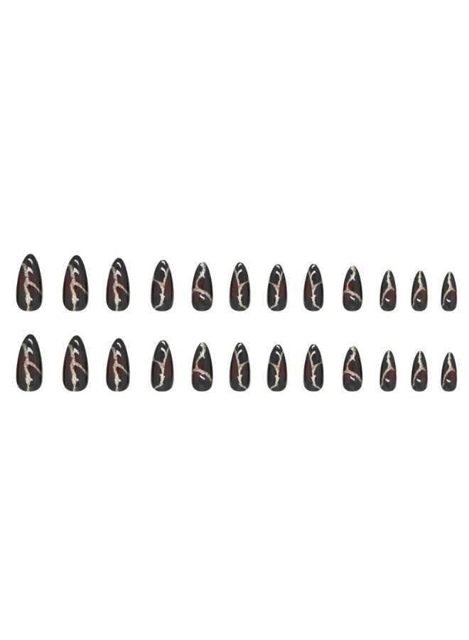 Goolsky Long Almond Shape Press-On Nails - Dark Red & Black Flame Design with Golden Glitter Accents, Glossy Finish for Bold Fashion-Forward Style - Image 2