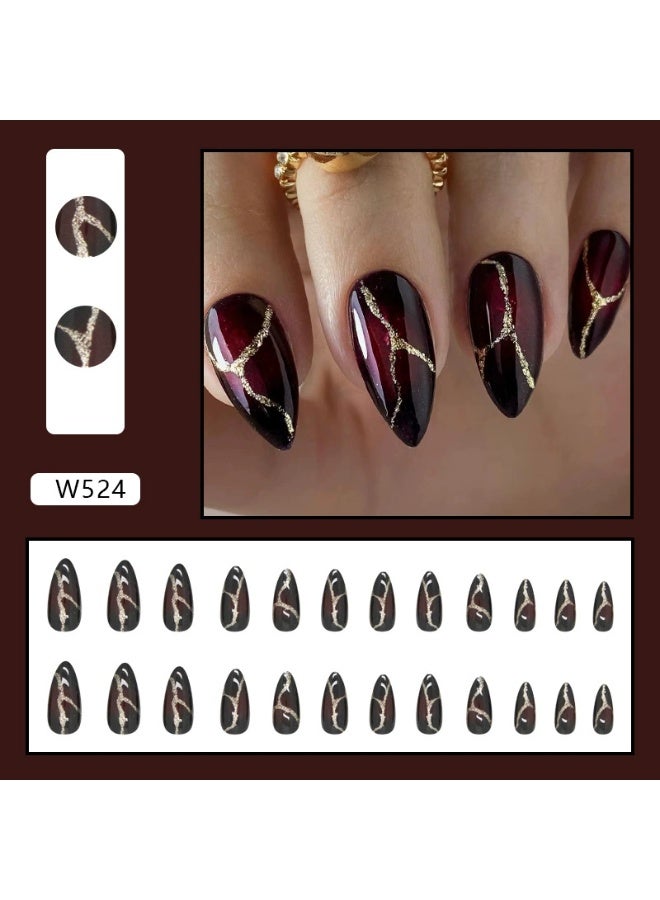 Goolsky Long Almond Shape Press-On Nails - Dark Red & Black Flame Design with Golden Glitter Accents, Glossy Finish for Bold Fashion-Forward Style - Image 3