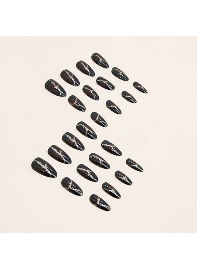 Goolsky Long Almond Shape Press-On Nails - Dark Red & Black Flame Design with Golden Glitter Accents, Glossy Finish for Bold Fashion-Forward Style - Image 4