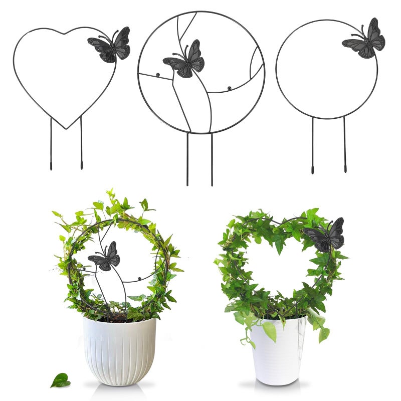 DTOFOOT 3Pack Trellis for Climbing Plants Indoor, Rust-Proof Trellis for Indoor Potted Plants Round Circle Trellis with Butterfly Houseplant Metal Wire Trellis for Vine Ivy Flower Plant Support - Image 1