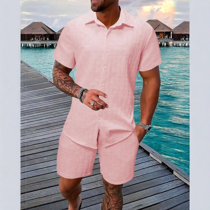 2025 European and American Summer Jacquard Black and White Solid Color Suit Short-Sleeved Men's Vacation Casual Style Shirt and Shorts Two-Piece Set - Image 1