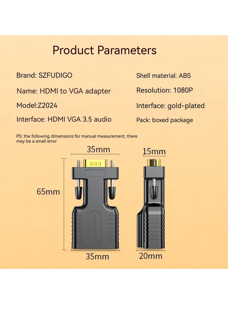 Generic - محول HDMI إلى VGA، محول HDMI VGA مناسب لأجهزة الكمبيوتر المحمولة وأجهزة الكمبيوتر القديمة والشاشات وأجهزة العرض. محول صوت HDMI إلى 3.5 ملم، محولات HDMI إلى VGA - Image 1