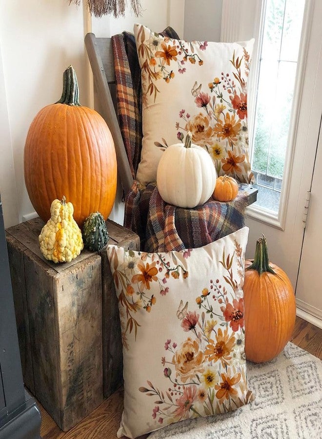 RABUSOFA Fall Pillow Covers 18x18 Inch Set of 2 Rust Floral Thanksgiving Autumn Decor Harvest Outdoor Throw Cushion Cases Seasonal Fall Farmhouse Decorations for Home Couch Rust - Image 3