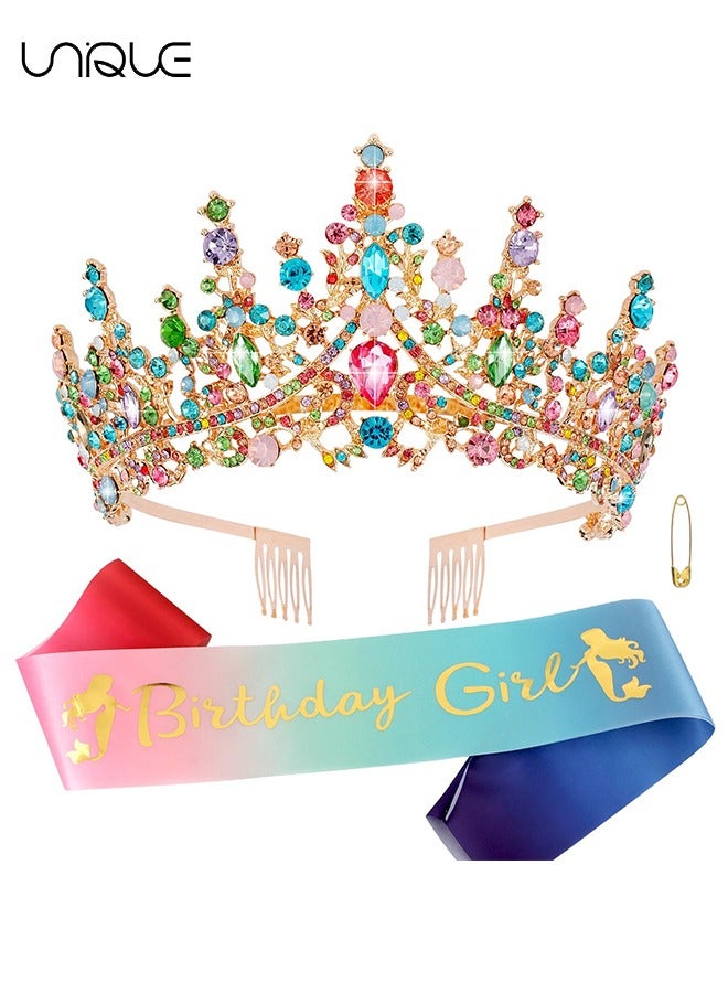 Unique Rainbow Crystal Birthday Crown & Mermaid Belt Set - Women's Birthday Tiara Princess Tiara Birthday Hats Birthday Headbands Party Gifts Birthday Decorations  - Image 1