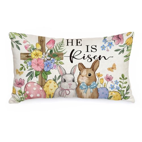 AACORS Easter Pillow Cover 12x20 Inch Cross Bunny Eggs Floral Decorative Pillow Case Holiday Party Decorations for Home Sofa Couch AA69412 - Image 1