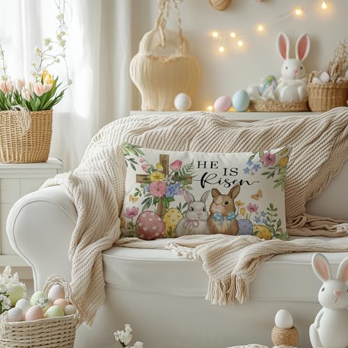 AACORS Easter Pillow Cover 12x20 Inch Cross Bunny Eggs Floral Decorative Pillow Case Holiday Party Decorations for Home Sofa Couch AA69412 - Image 3