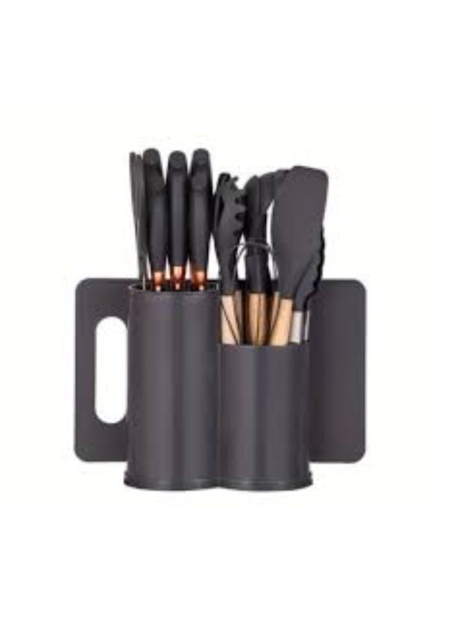 سبيس شوب طقم توزيع وسكاكين وبلانشه سليكون يد خشب 19 قطعة - رمادى - Image 1