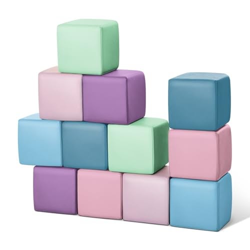 TODIBY Foam Building Blocks for Toddlers12Pieces Wipeable Leather Stacking Cubes Kids Large Soft Toys Play Set for Learning Construction Baby Preschool Daycare Therapy Birthday Gift Purple Pink - Image 1