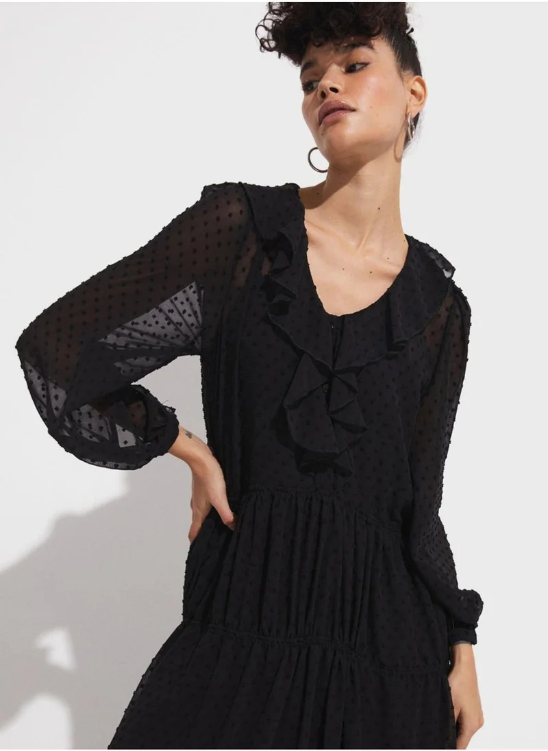 JUNE Ruffled Swiss Dot Dress