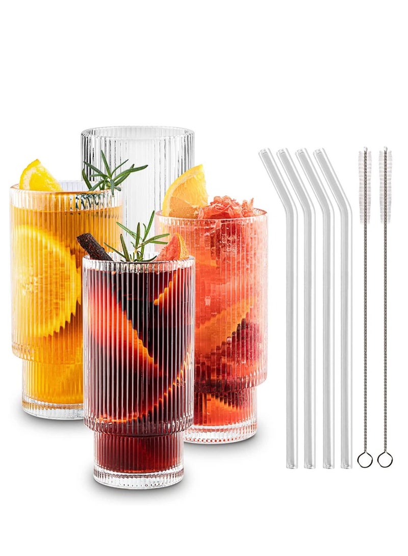 MIXDE Glass Cups with Straws 12oz, Drinking Glasses Set of 4, Ribbed Glassware, Cocktail Glasses, Vintage Glassware, Coffee Bar Accessories, Iced Coffee Cups(4 PACK) - Image 1