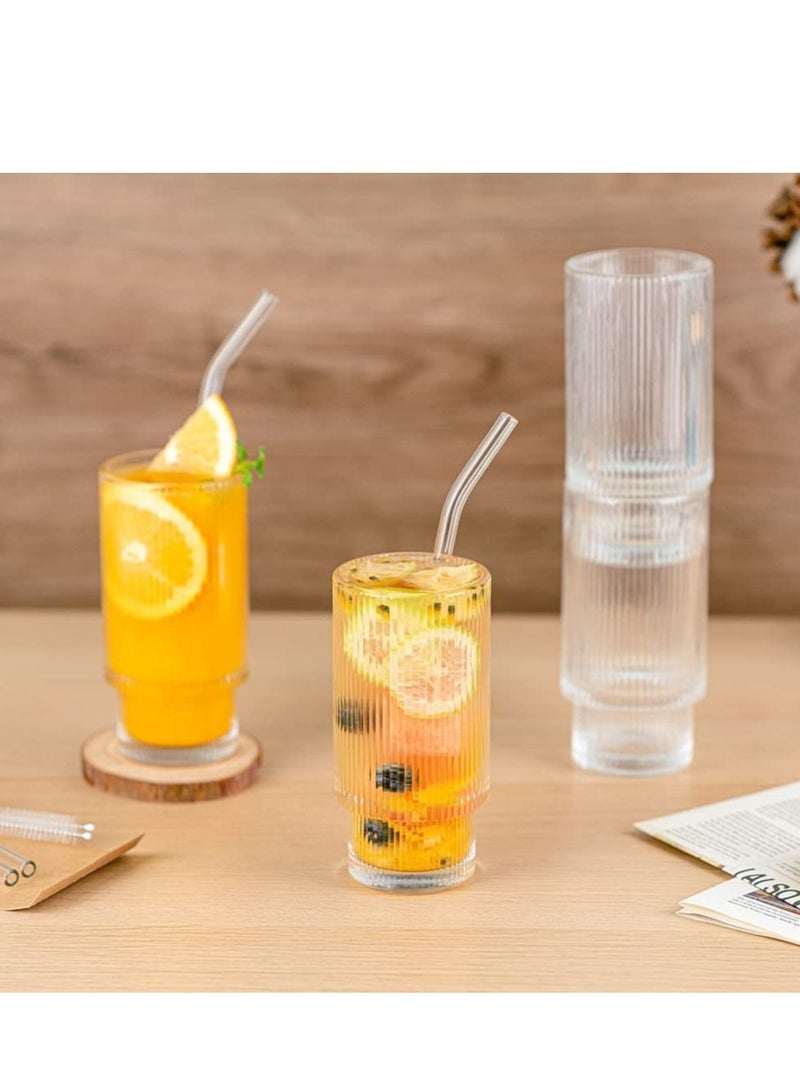 MIXDE Glass Cups with Straws 12oz, Drinking Glasses Set of 4, Ribbed Glassware, Cocktail Glasses, Vintage Glassware, Coffee Bar Accessories, Iced Coffee Cups(4 PACK) - Image 3