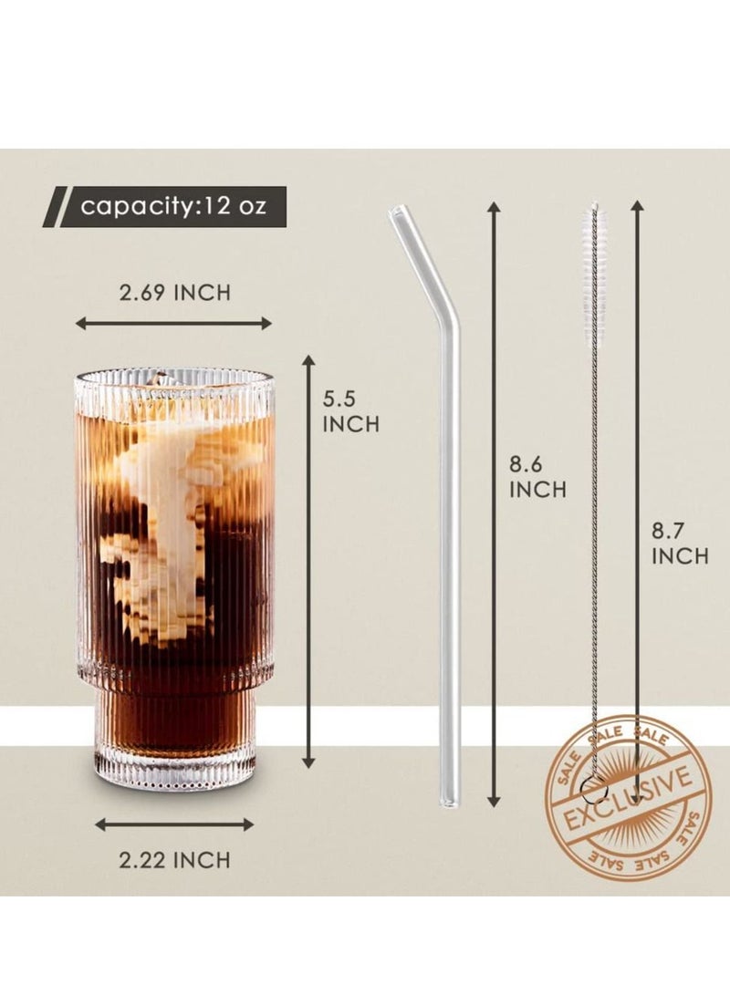 MIXDE Glass Cups with Straws 12oz, Drinking Glasses Set of 4, Ribbed Glassware, Cocktail Glasses, Vintage Glassware, Coffee Bar Accessories, Iced Coffee Cups(4 PACK) - Image 2