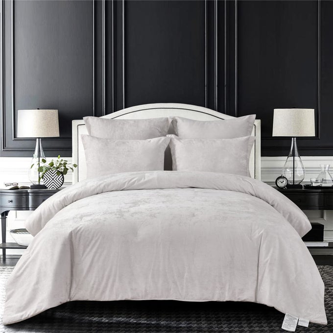 DISTRESSED VELVET COMFORTER SET DISTRESSED VELVET FACE AND BRUSHED SOLID MICROFIBER REVERSE WITH LIGHT WEIGHT SOFT POLY FILL 5 PIECES LIGHT IVORY QUEEN