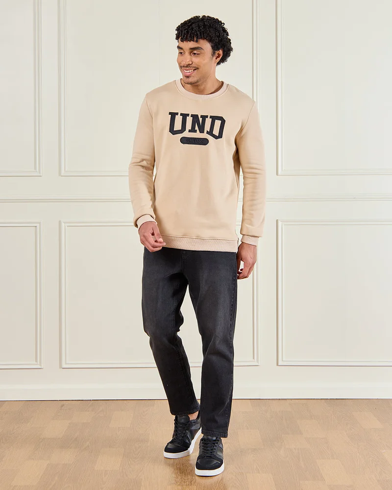 REDTAG Men Beige Crew Neck Chest Applique Sweatshirt