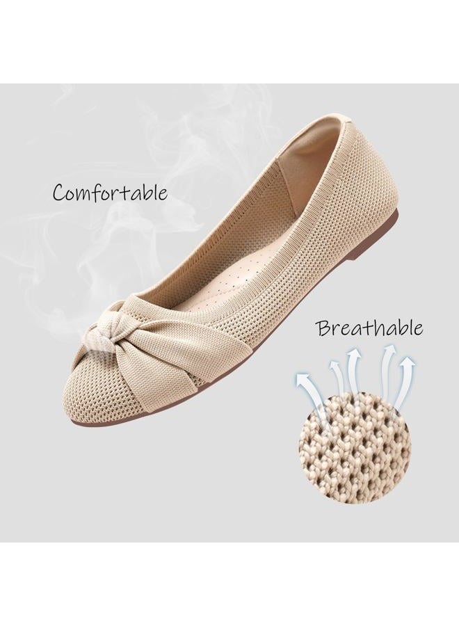 MaxMuxun Women's Flats Shoes Knit Round Toe Ballet Comfortable Dressy Slip On Flats, Beige, 8 - Image 5