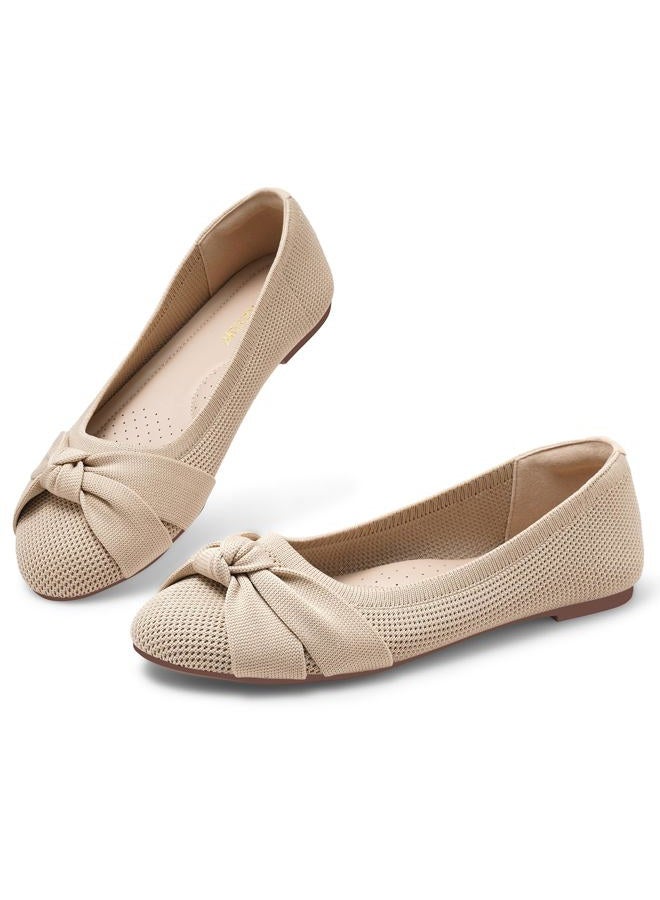 MaxMuxun Women's Flats Shoes Knit Round Toe Ballet Comfortable Dressy Slip On Flats, Beige, 8 - Image 1