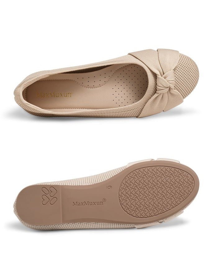 MaxMuxun Women's Flats Shoes Knit Round Toe Ballet Comfortable Dressy Slip On Flats, Beige, 8 - Image 3