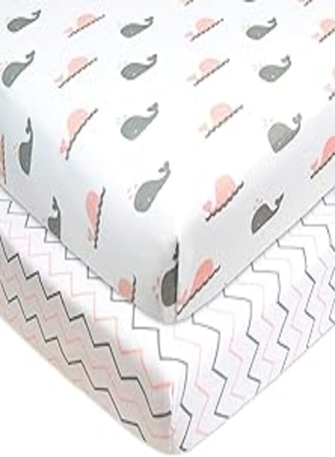TL Care TL Care 2 Pack Printed 100% Natural Cotton Jersey Knit Fitted Portable/Mini-Crib Sheet,Pink Whale/Pink Zigzag, Soft Breathable, for Boys and Girls