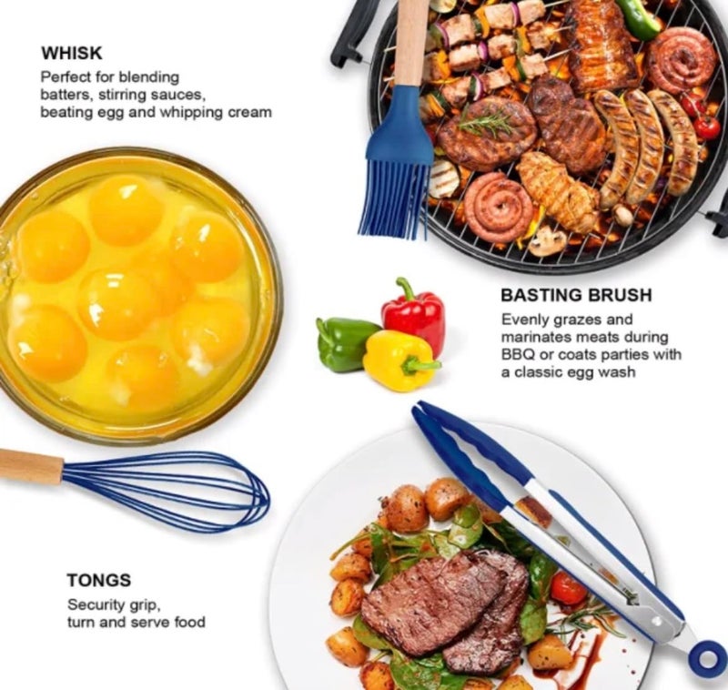 EZYHOME 12Pcs Silicone Cooking Kitchen Utensils Set with Holder,Wooden Handles Cooking Tool,BPA Free,Non Toxic Turner Tongs Spatula Spoon Kitchen Gadgets Set for Nonstick Cookware - Image 3