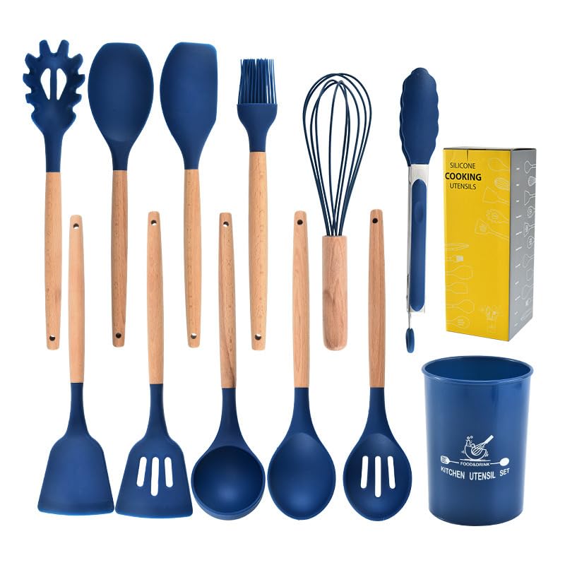 EZYHOME 12Pcs Silicone Cooking Kitchen Utensils Set with Holder,Wooden Handles Cooking Tool,BPA Free,Non Toxic Turner Tongs Spatula Spoon Kitchen Gadgets Set for Nonstick Cookware - Image 1