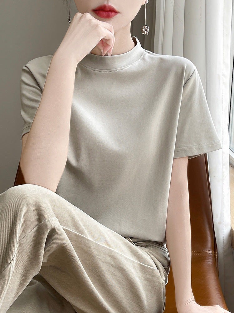 White Short-Sleeved T-Shirt Women'S Shoulder Mock Collar Summer All-Match Slim-Fit Base Shirt Top 100 Cotton Vest Ins - Image 4